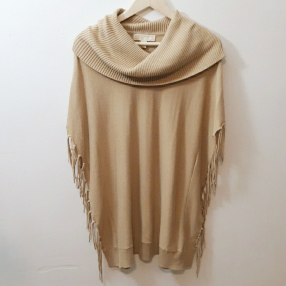 Michael Kors Beige Fringe Poncho Sweater